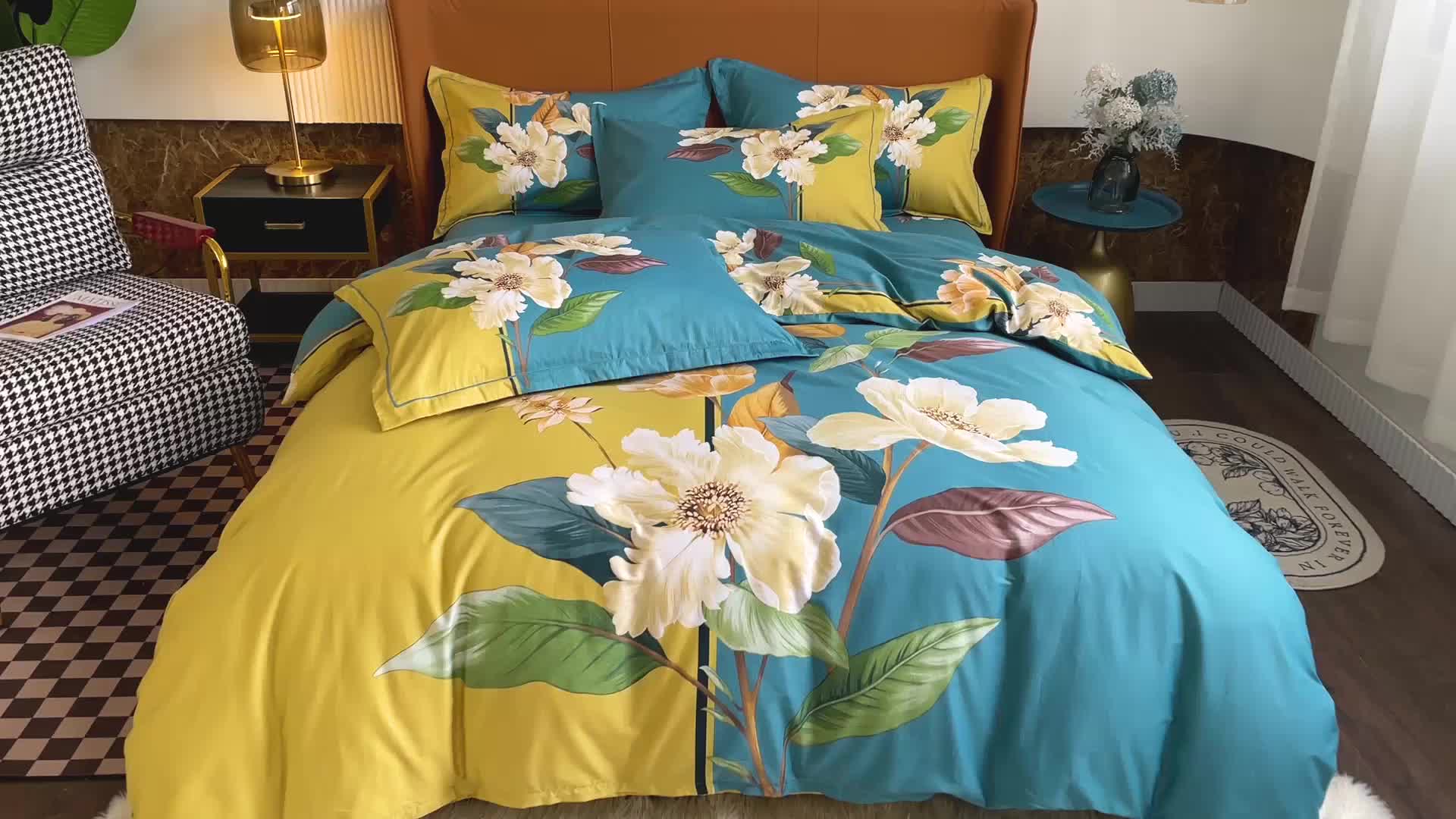 91家纺网 家纺一手货源 找家纺 金爱家 2023新款大版13372全棉花卉系列四件套 清风饮露