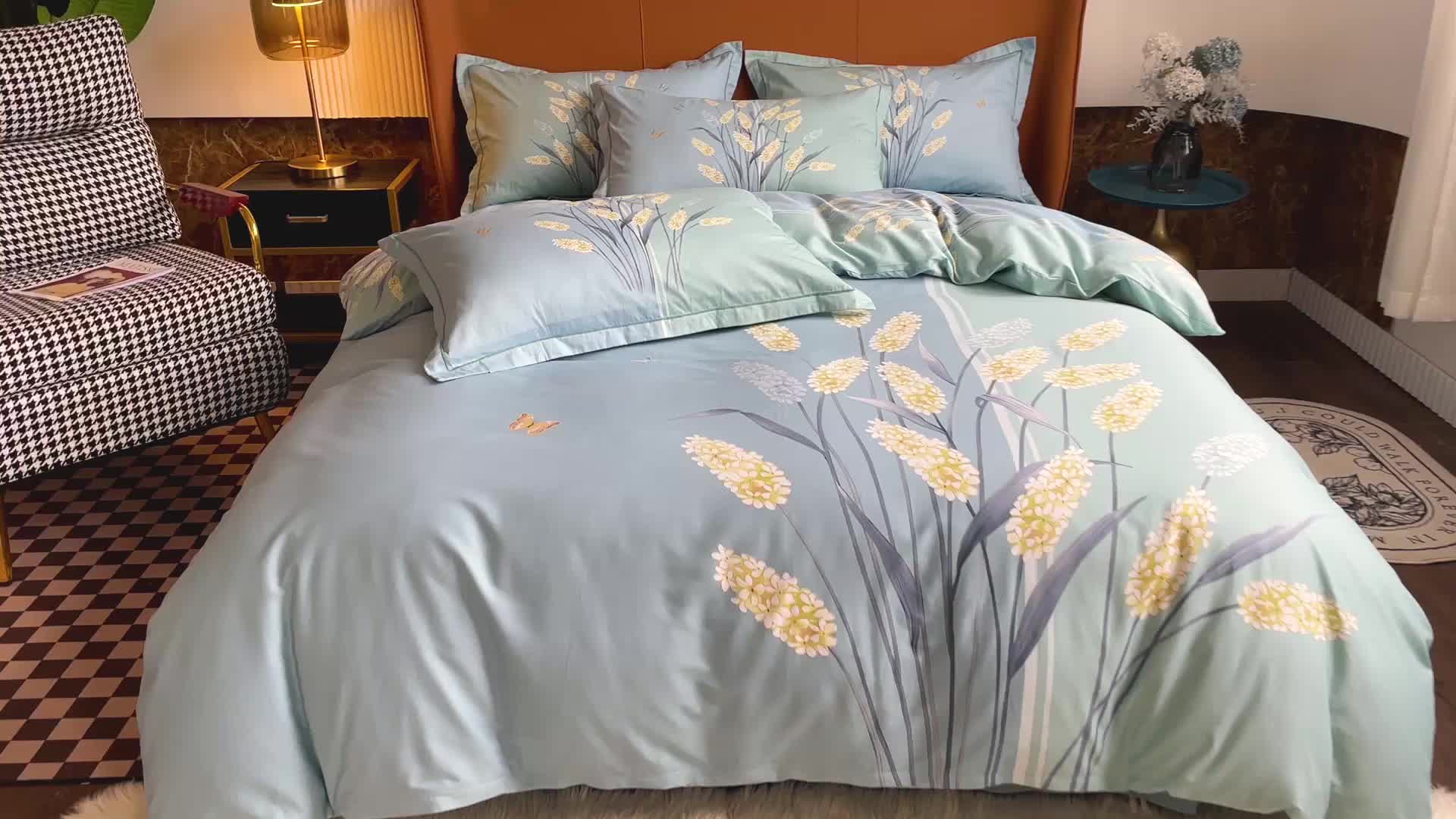 91家纺网 家纺一手货源 找家纺 金爱家 2023新款大版13372全棉花卉系列四件套 如歌绿