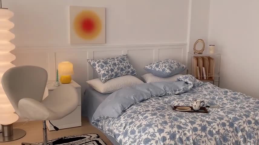 91家纺网 家纺一手货源 找家纺 昔可家纺 2022新款全棉复古杜桑系列四件套 碎冰蓝