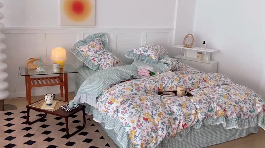 91家纺网 家纺一手货源 找家纺 昔可家纺 2022新款全棉格子花边款四件套 田园兔兔