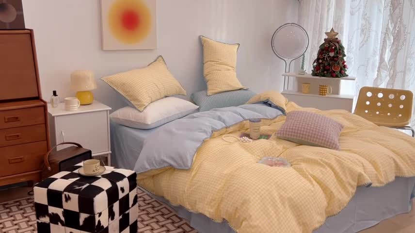 91家纺网 家纺一手货源 找家纺 昔可家纺 2022新款全棉贝壳三角针格子款四件套 奶黄格