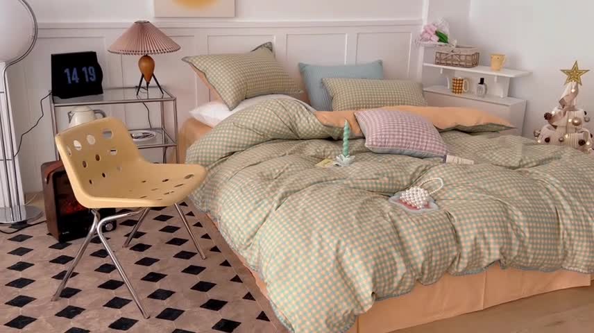 91家纺网 家纺一手货源 找家纺 昔可家纺 2022新款全棉贝壳三角针格子款四件套 绿桔格