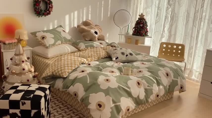 91家纺网 家纺一手货源 找家纺 昔可家纺 2022新款13372普通款四件套 棋盘复古花绿