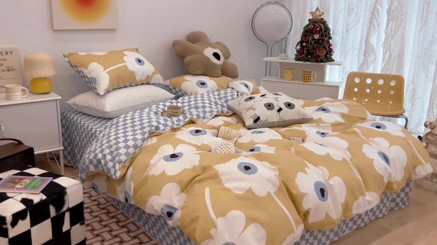 91家纺网 家纺一手货源 找家纺 昔可家纺 2022新款13372普通款四件套 棋盘复古花黄