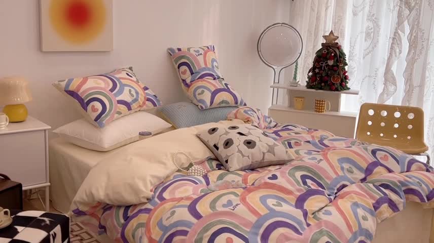 91家纺网 家纺一手货源 找家纺 昔可家纺 2022新款13372普通款四件套 涂鸦彩虹