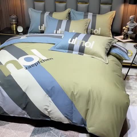 91家纺网 家纺一手货源 找家纺 金爱家 2023新款全棉13372简约条格四件套 苏黎世咖