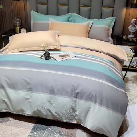 91家纺网 家纺一手货源 找家纺 金爱家 2023新款全棉13372简约条格四件套 丝韵绿