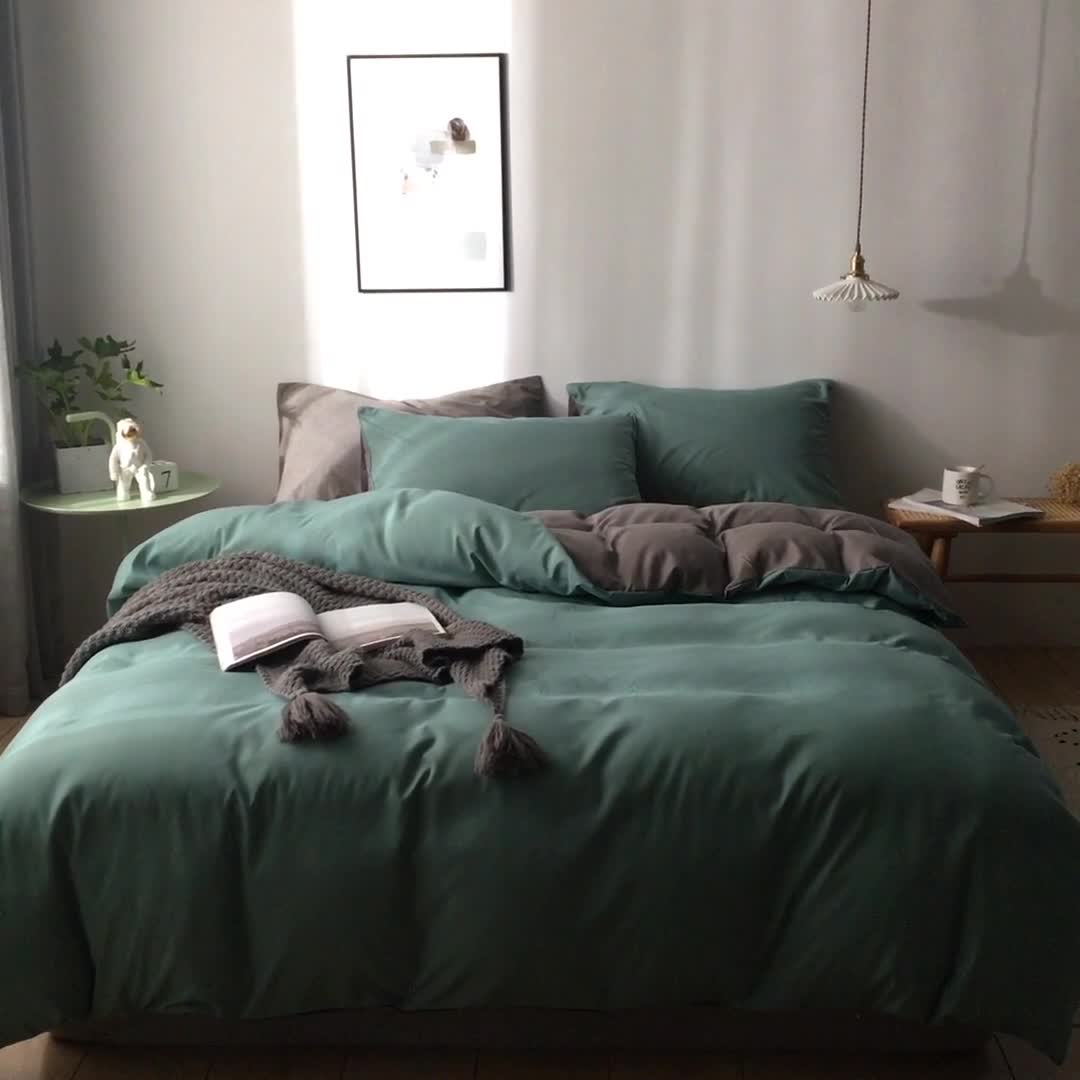 91家纺网 家纺一手货源 找家纺 蓝淋家纺 2022新款活性磨毛单品被套 豆绿+银灰