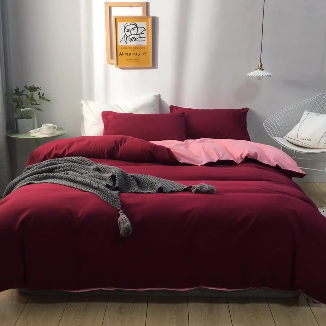 91家纺网 家纺一手货源 找家纺 蓝淋家纺 2022新款活性磨毛单品被套 酒红玉