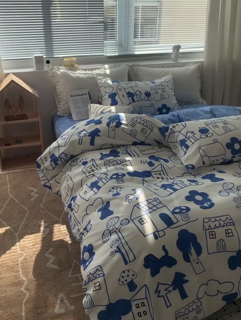 91家纺网 家纺一手货源 找家纺 怡家居 2022春季新款全棉四件套 涂鸦