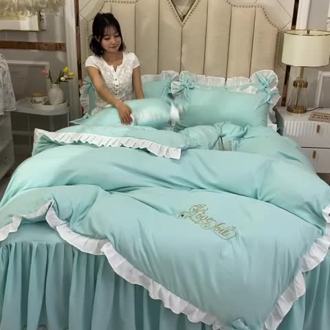 91家纺网 家纺一手货源 找家纺 欧冠 2022新款潮系列爱巢款床裙款刺绣四件套 碧绿