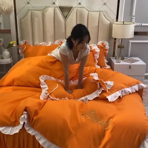 91家纺网 家纺一手货源 找家纺 欧冠 2022新款潮系列爱巢款床裙款刺绣四件套 蜜橙