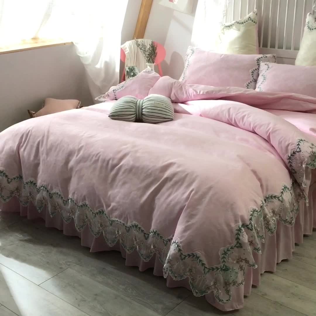 91家纺网 家纺一手货源 找家纺 欧冠 2022新款韩版水洗棉蕾丝玫瑰秘密系列四件套 玫瑰秘密-粉