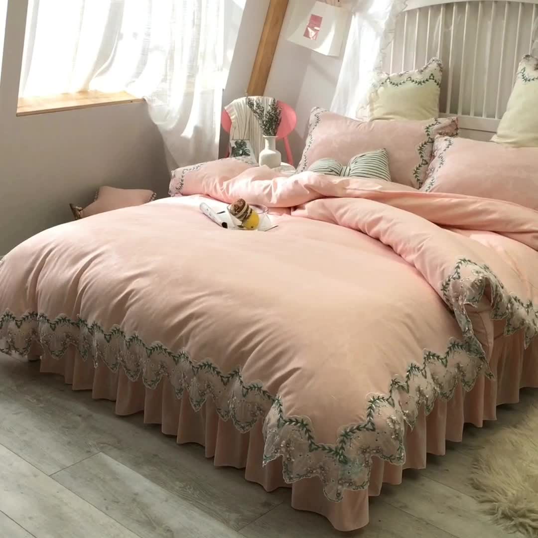 91家纺网 家纺一手货源 找家纺 欧冠 2022新款韩版水洗棉蕾丝玫瑰秘密系列四件套 玫瑰秘密-玉