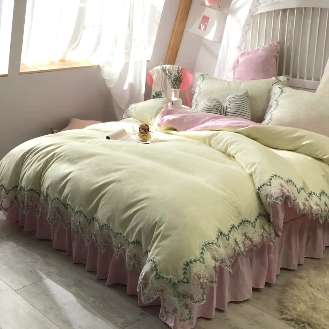 91家纺网 家纺一手货源 找家纺 欧冠 2022新款韩版水洗棉蕾丝玫瑰秘密系列四件套 玫瑰秘密-粉白