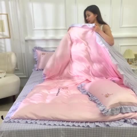 91家纺网 家纺一手货源 找家纺 欧冠 2022新款水洗真丝加水洗棉刺绣幸福花系列四件套 幸福花-紫粉