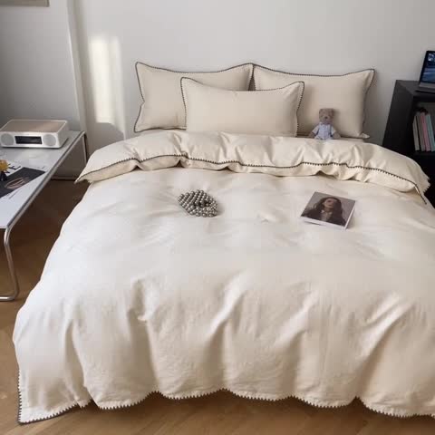 91家纺网 家纺一手货源 找家纺 金丝鸟 2023新款A类60支全棉水洗棉华夫格系列四件套 拉夫格 白