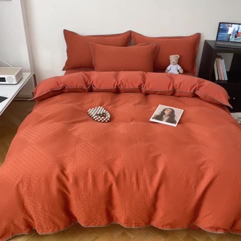 91家纺网 家纺一手货源 找家纺 金丝鸟 2023新款A类60支全棉水洗棉华夫格系列四件套 拉夫格 红