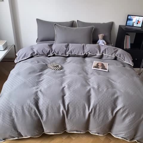 91家纺网 家纺一手货源 找家纺 金丝鸟 2023新款A类60支全棉水洗棉华夫格系列四件套 拉夫格 灰