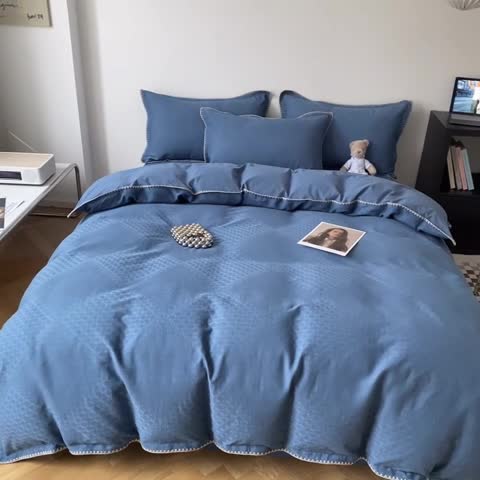 91家纺网 家纺一手货源 找家纺 金丝鸟 2023新款A类60支全棉水洗棉华夫格系列四件套 拉夫格 蓝