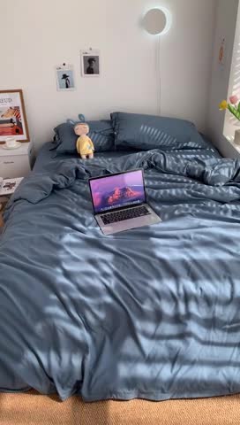 91家纺网 家纺一手货源 找家纺 曼谷家纺 新款美棉磨毛纯色系带混搭拼色蝴蝶结四件套 浅石蓝（系带款）