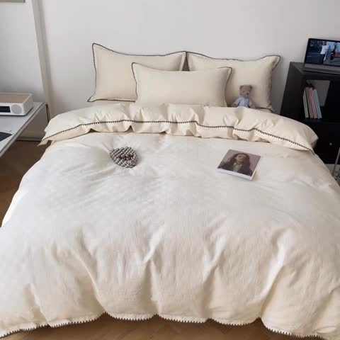 91家纺网 家纺一手货源 找家纺 金丝鸟2023新款A类60支全棉水洗棉华夫格四件套苏珊格 苏珊格白