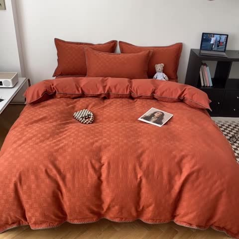 91家纺网 家纺一手货源 找家纺 金丝鸟2023新款A类60支全棉水洗棉华夫格四件套苏珊格 苏珊格红