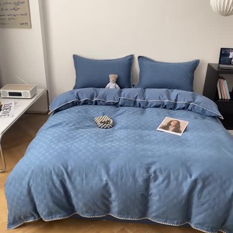 91家纺网 家纺一手货源 找家纺 金丝鸟2023新款A类60支全棉水洗棉华夫格四件套苏珊格 苏珊格蓝