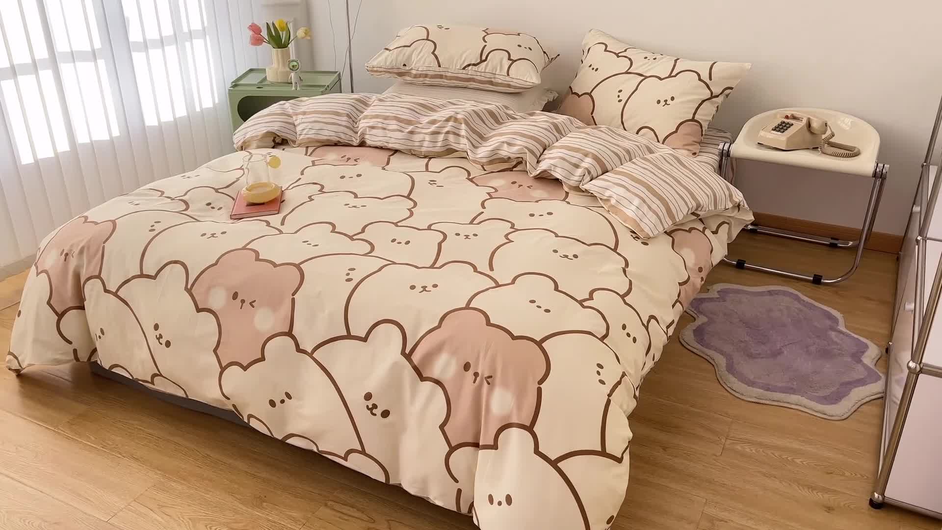 91家纺网 家纺一手货源 找家纺 梦家居 2022新款13372小清新系列全棉四件套 米熊