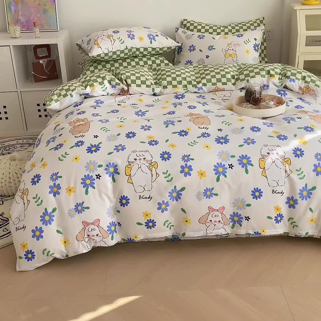 91家纺网 家纺一手货源 找家纺 沐辰 2022新款全棉13372系列印花四件套 花园小兔