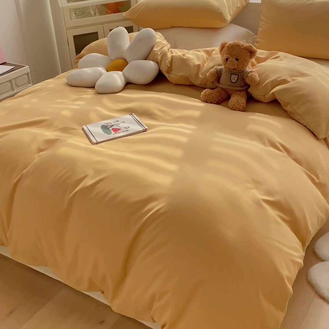 91家纺网 家纺一手货源 找家纺 雨帆 2022新款纯色双拼磨毛四件套 杏仁奶油