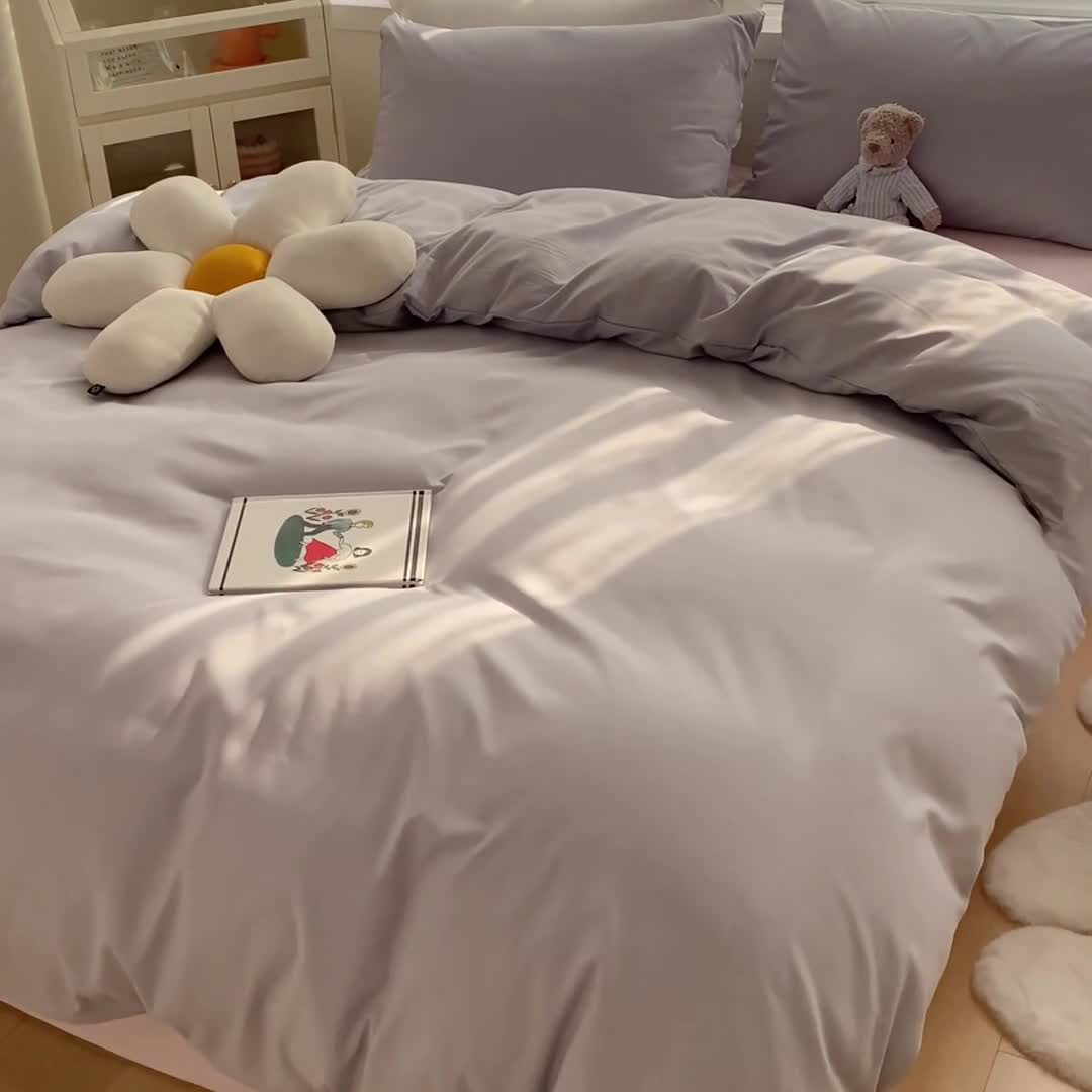 91家纺网 家纺一手货源 找家纺 雨帆 2022新款纯色双拼磨毛四件套 烟雾粉