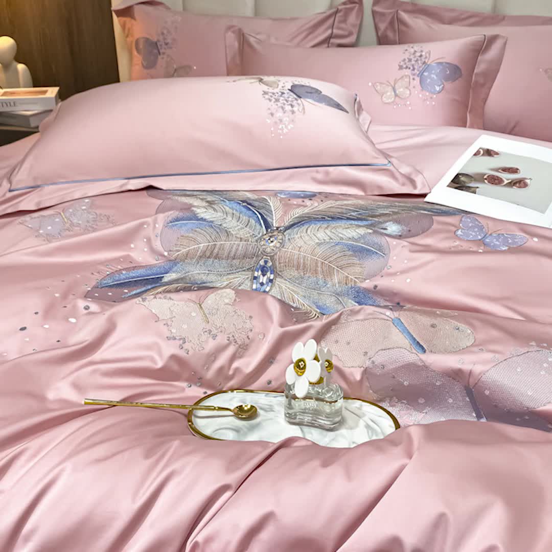 91家纺网 家纺一手货源 找家纺 总魅都新款100支阿克苏长绒棉刺绣轻奢风四件套 彩蝶