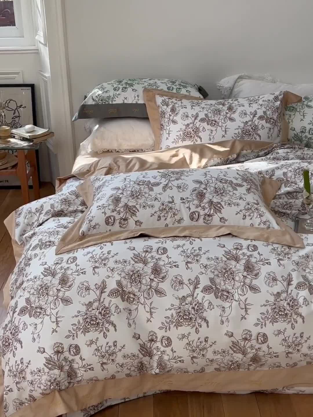 91家纺网 家纺一手货源 找家纺 优然居 新款100支数码印花刺绣工艺款四件套-克里斯汀 奶咖