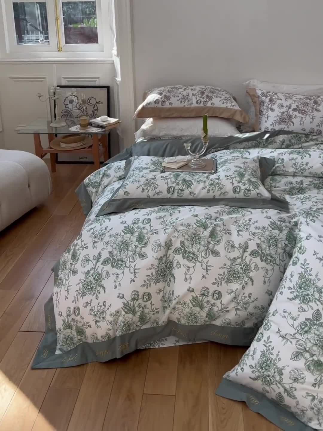 91家纺网 家纺一手货源 找家纺 优然居 新款100支数码印花刺绣工艺款四件套-克里斯汀 绿