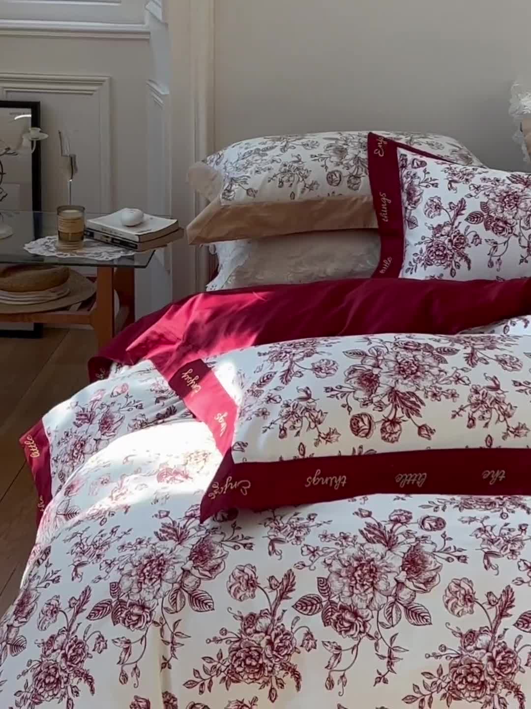 91家纺网 家纺一手货源 找家纺 优然居 新款100支数码印花刺绣工艺款四件套-克里斯汀 红