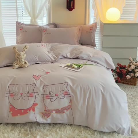 91家纺网 家纺一手货源 找家纺 雲归梦 2022新款小清新全棉绣花四件套 可爱喵-浅灰