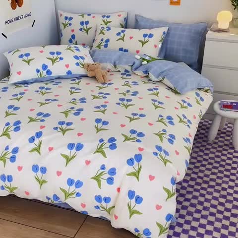 91家纺网 家纺一手货源 找家纺 安哆啦 2022春夏新款13372全棉单被套 蓝色郁金香