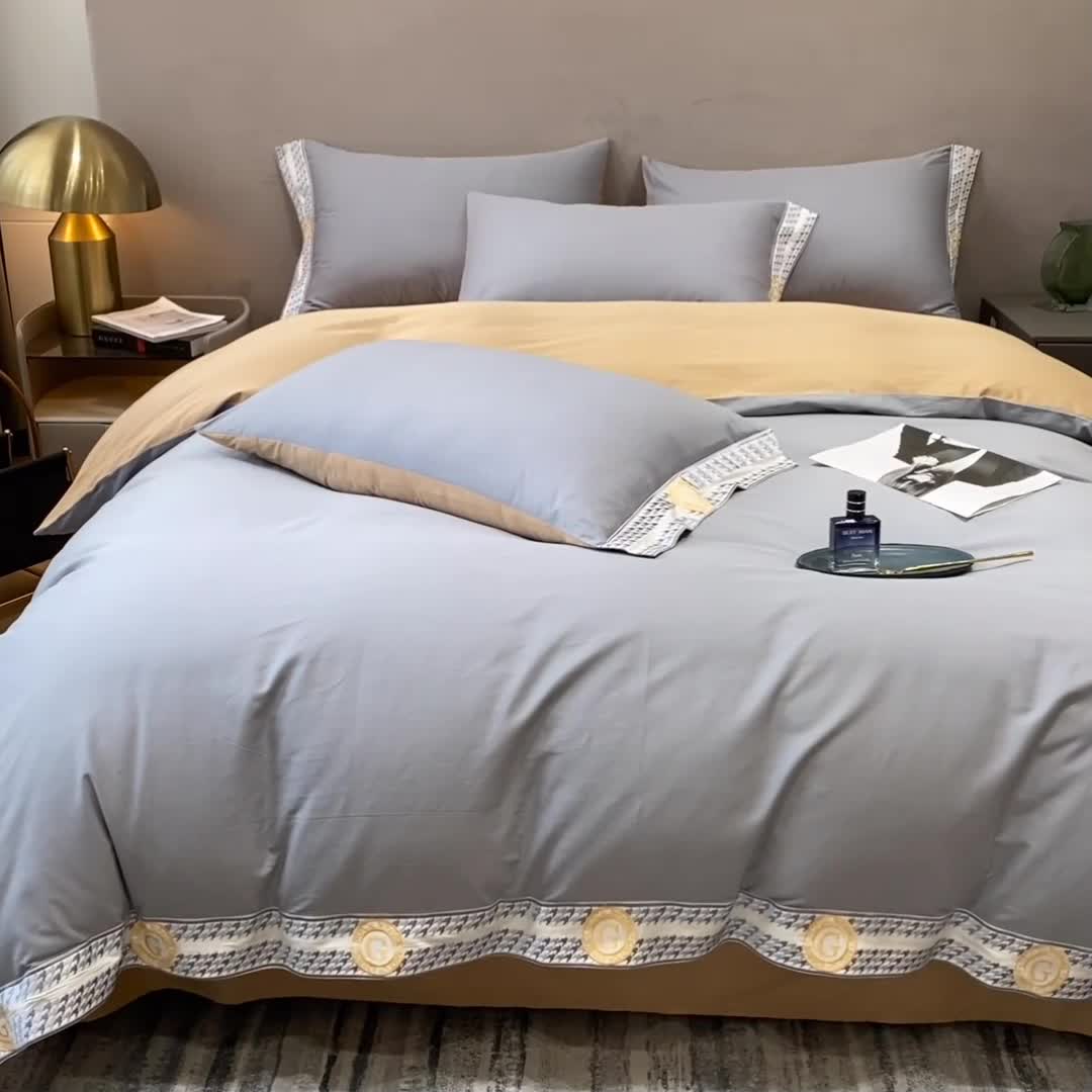 91家纺网 家纺一手货源 找家纺 安妮家居 2022新款全棉刺绣四件套-妮可 浅灰