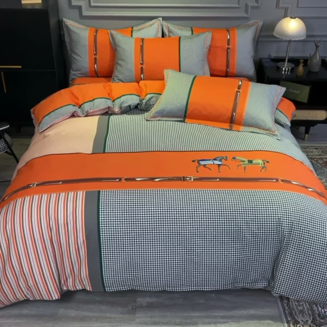 91家纺网 家纺一手货源 找家纺 金爱家 2023新款全棉13372简约条格四件套 奥斯丁