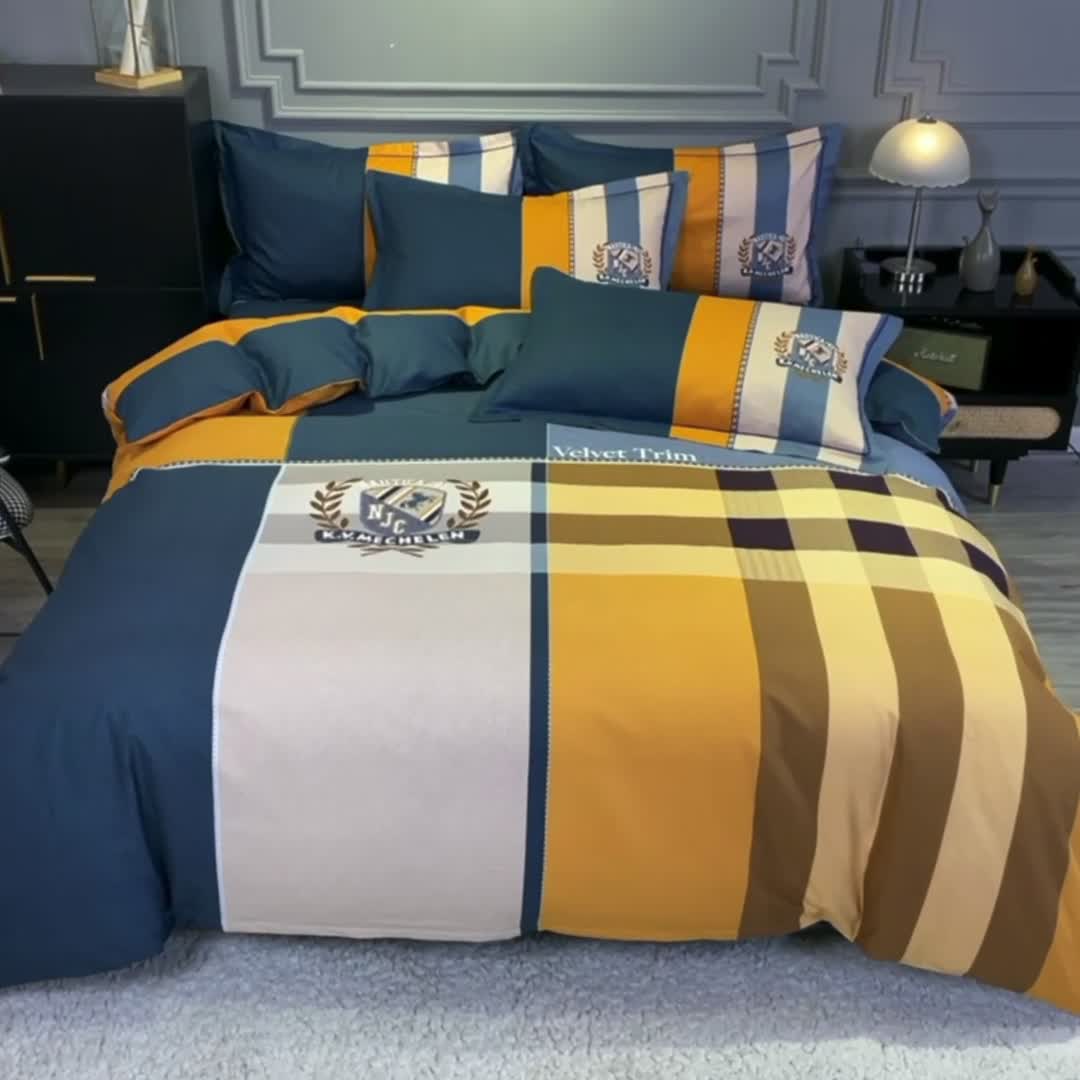 91家纺网 家纺一手货源 找家纺 金爱家 2023新款全棉13372简约条格四件套 摩登