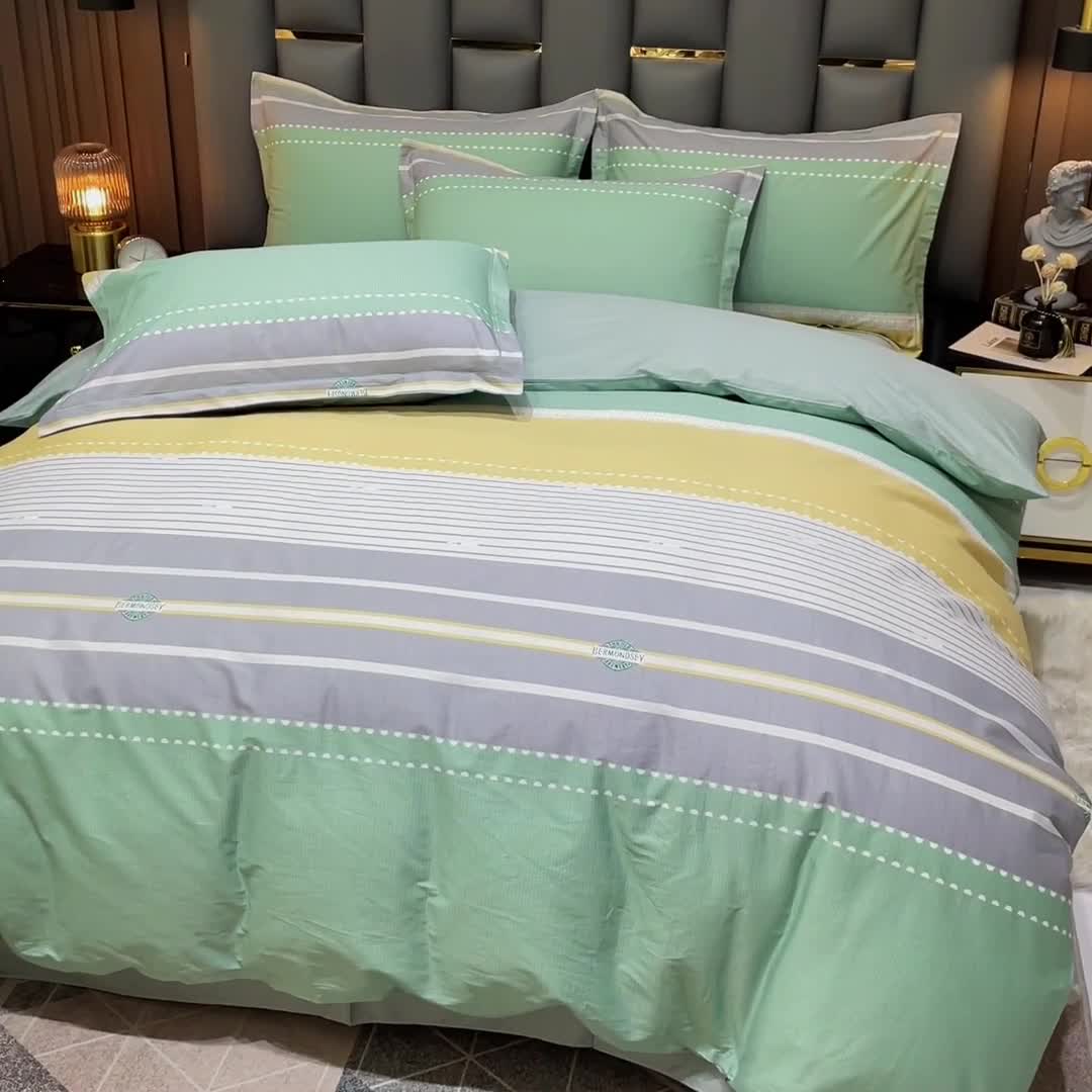 91家纺网 家纺一手货源 找家纺 金爱家 2023新款全棉13372简约条格四件套 往事-绿