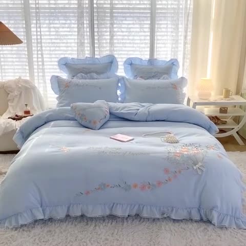 91家纺网 家纺一手货源 找家纺 艾晶美家纺 2022新款莱赛尔天丝泡泡纱绣花四件套 巴黎春天-冰蓝