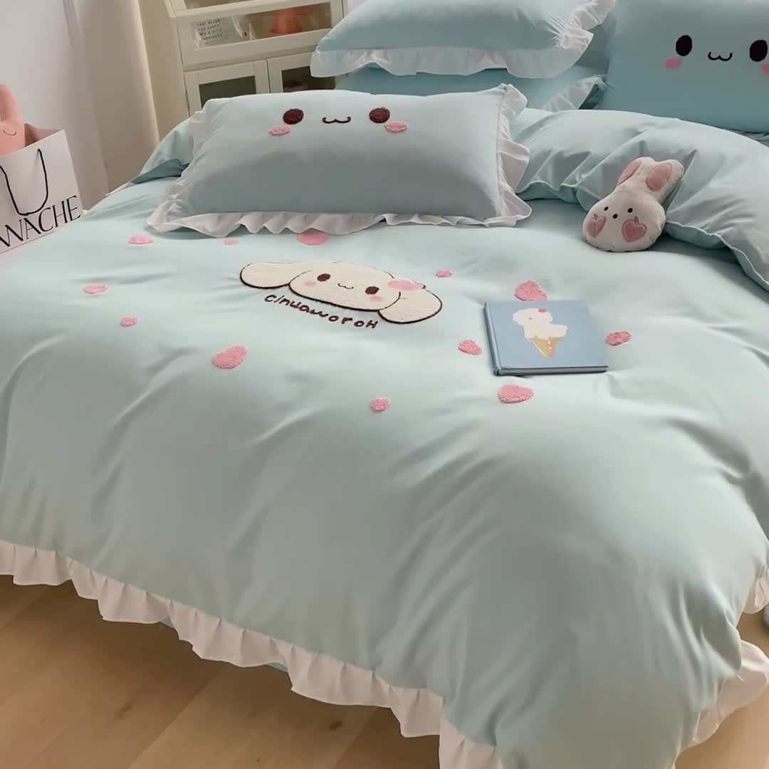 91家纺网 家纺一手货源 找家纺 易禾 2022新款小清新水洗亲肤棉四件套 宝宝兔-绿