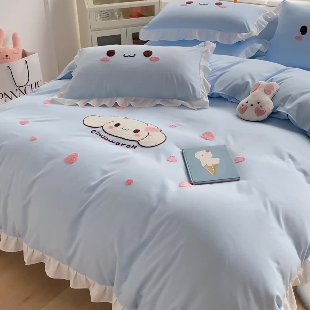 91家纺网 家纺一手货源 找家纺 易禾 2022新款小清新水洗亲肤棉四件套 宝宝兔-蓝