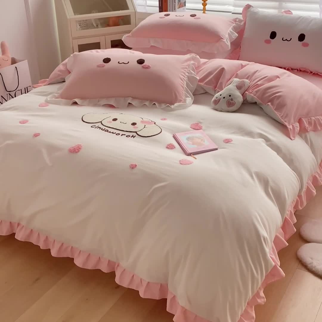 91家纺网 家纺一手货源 找家纺 易禾 2022新款小清新水洗亲肤棉四件套 宝宝兔-白粉