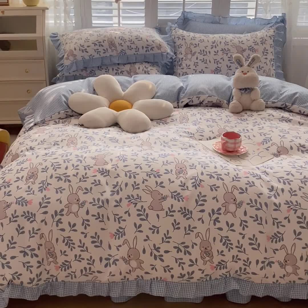 91家纺网 家纺一手货源 找家纺 上尚居 2024新款小清新韩版花边磨毛四件套水洗棉 萌萌兔