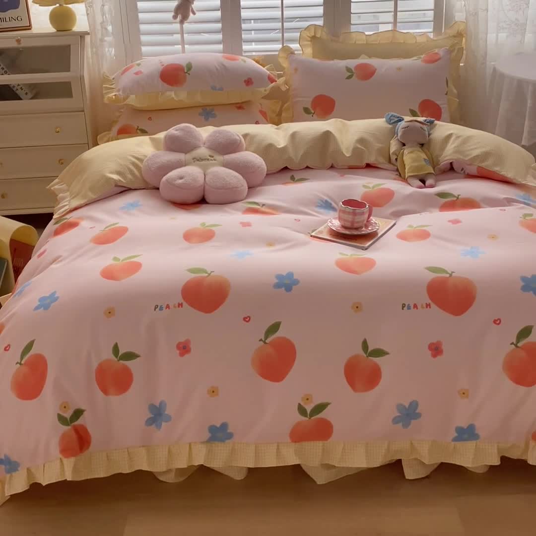 91家纺网 家纺一手货源 找家纺 上尚居 2024新款小清新韩版花边磨毛四件套水洗棉 爱心桃