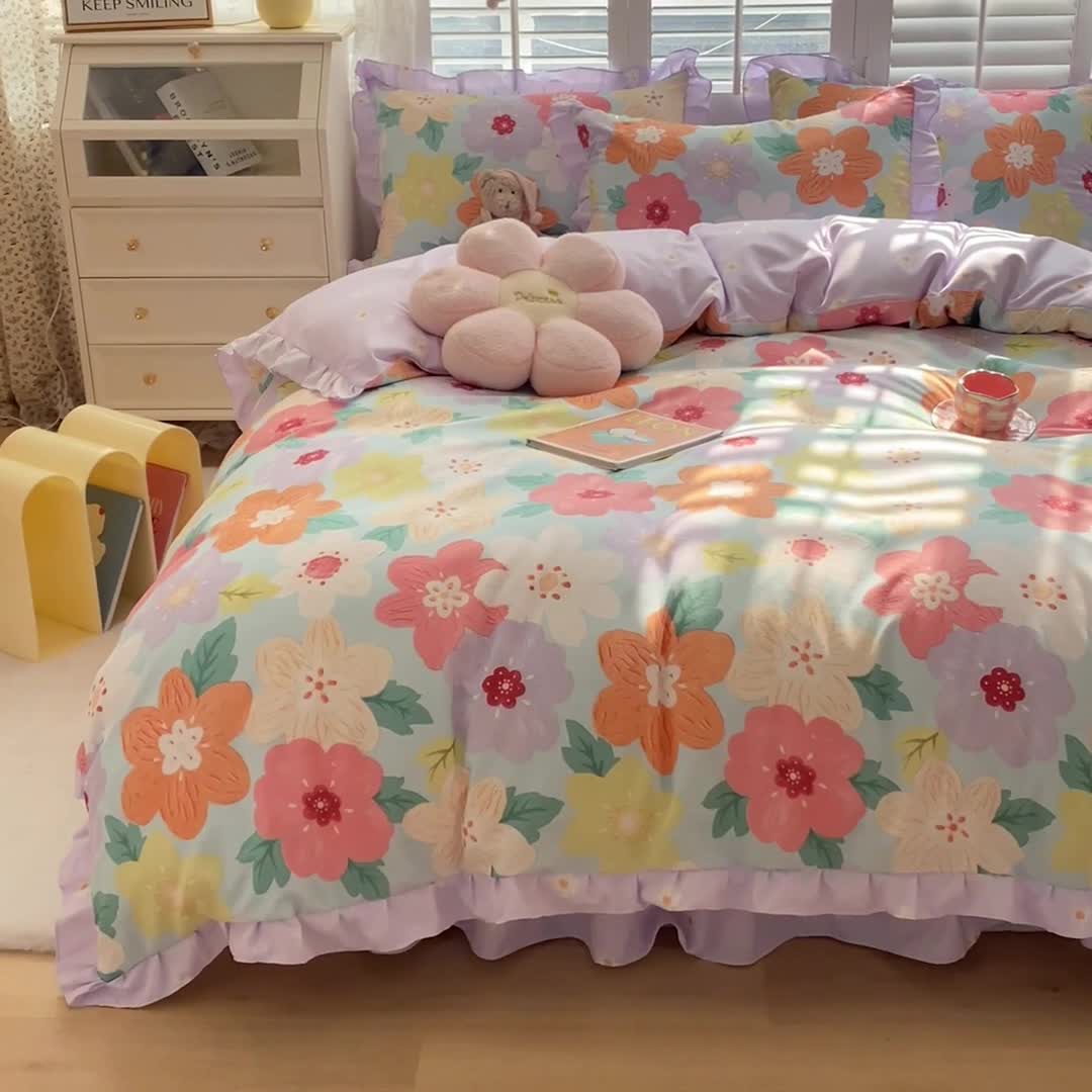 91家纺网 家纺一手货源 找家纺 上尚居 2024新款小清新韩版花边磨毛四件套水洗棉 莫奈花园