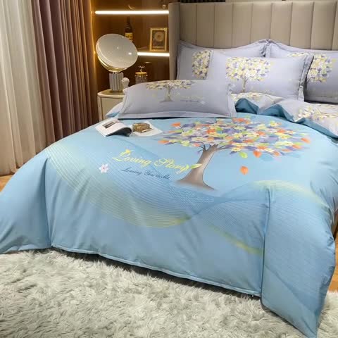 91家纺网 家纺一手货源 找家纺 金爱家2023新款大版13372全棉花卉系列四件套 斐莉-蓝